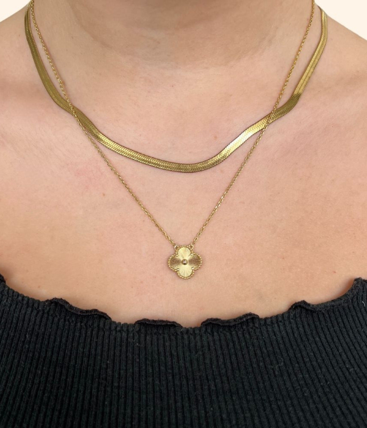 zwei silberne Ketten, eine schlichte Silberne Choker Kette und eine Kette mit silbernem vierblättrigen Kleeblatt Anhänger, getragen von einer Frau mit schwarzer Bluse