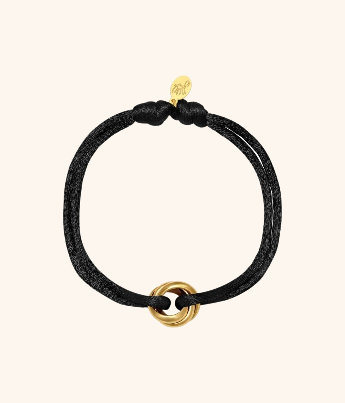 Schwarzes Satin Armband mit goldenem Knoten vor weißem Hintergrund