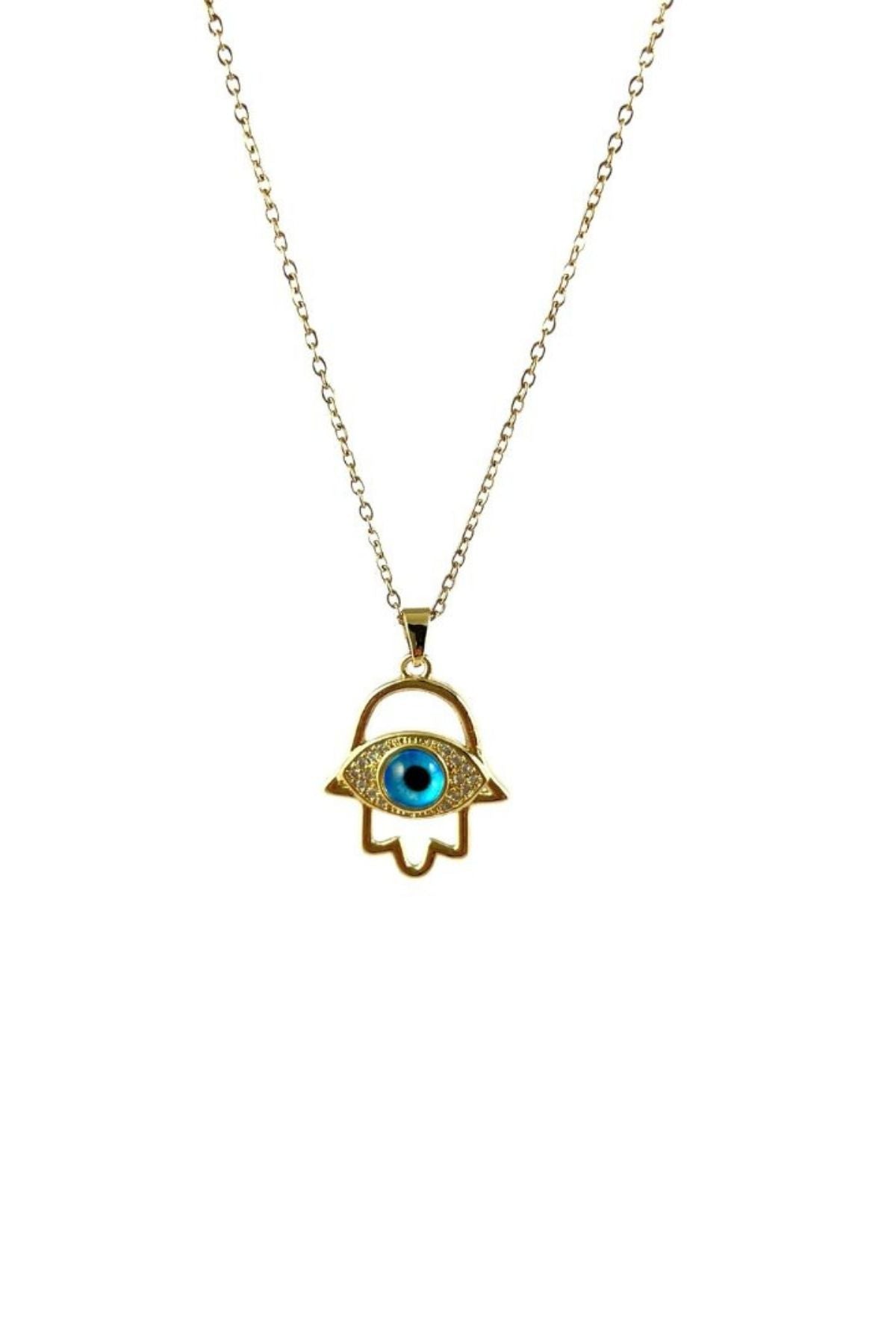 Goldene Kette mit spiritueller Hand und dem blauen Auge von Nazar in der Mitte