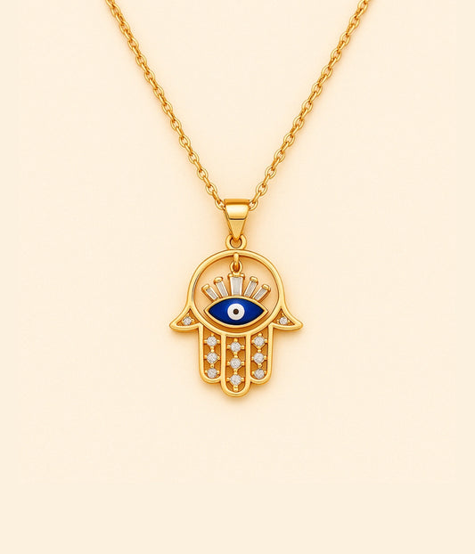 Goldene Kette mit blauem Auge in Hamsa Hand – Fatimas Hand als orientalisches Schutzsymbol