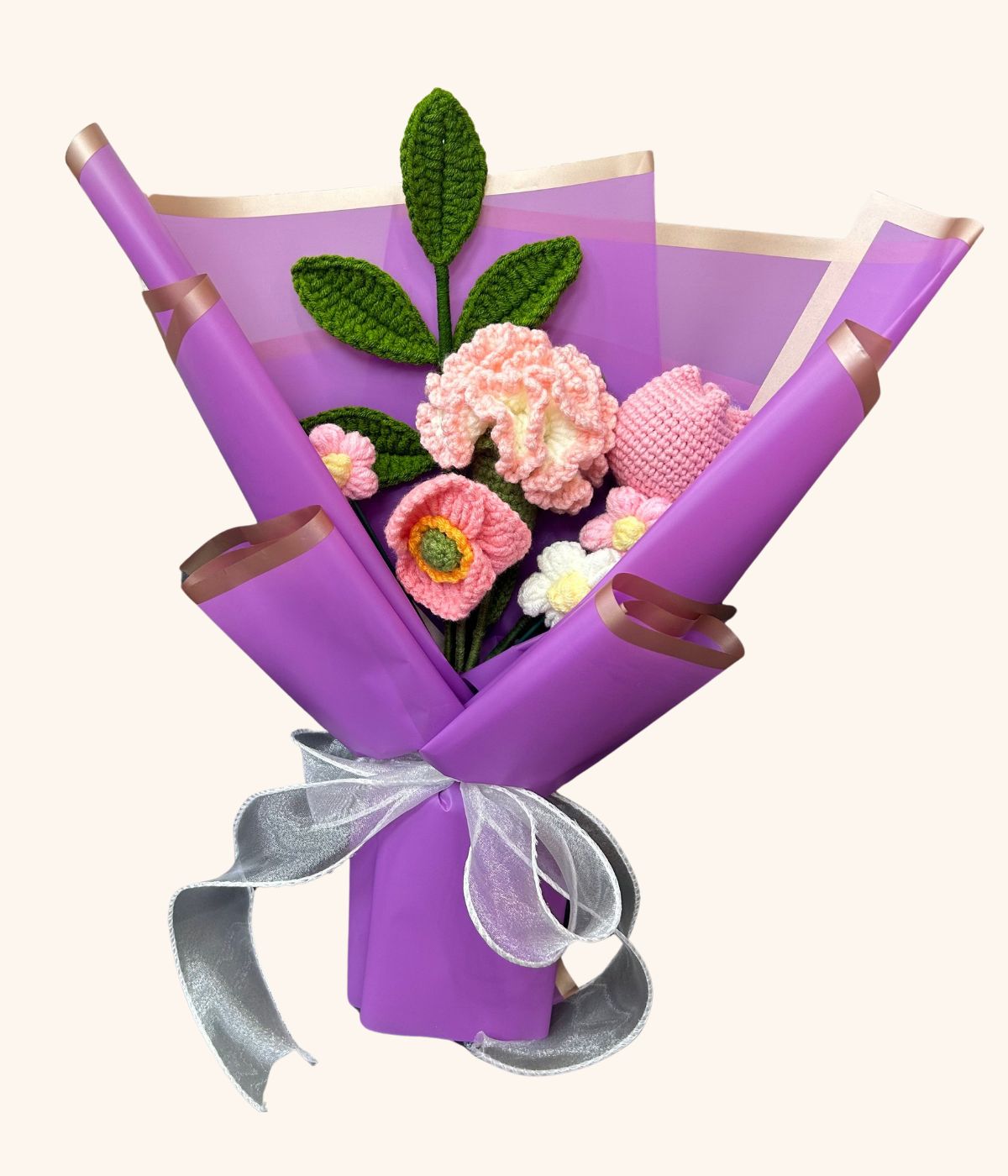 Handgehäkelter Wollblumenstrauß groß in Lila